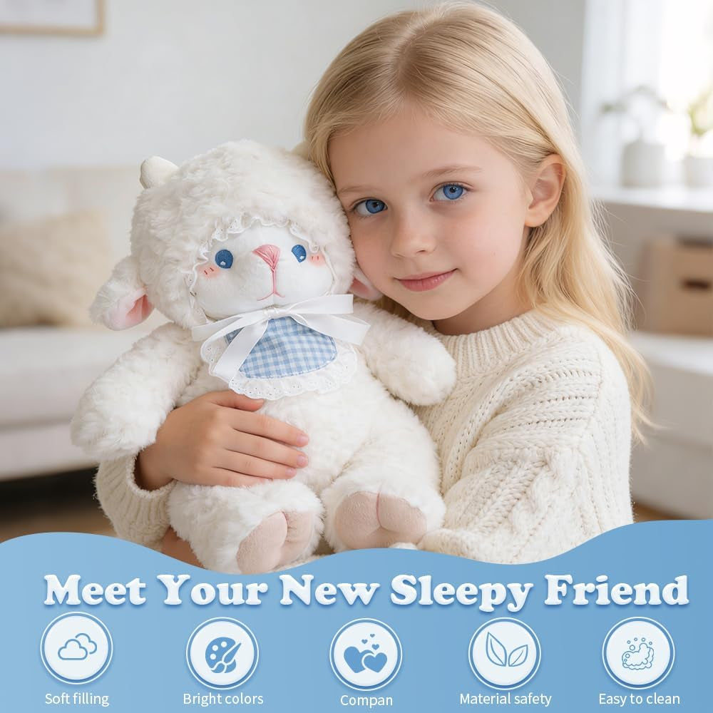 Lamb Stuffed Animals White Lamb 14.6 Inches Sheep Plush with Blue Eyes, Soft Baby Gift for Kids Girls Women Birthday.