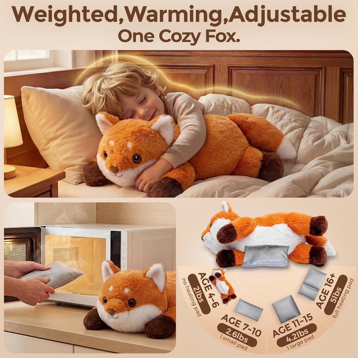 Weighted Stuffed Animals Fox Plush, Heatable Coolable, 2-5Lbs, 23In