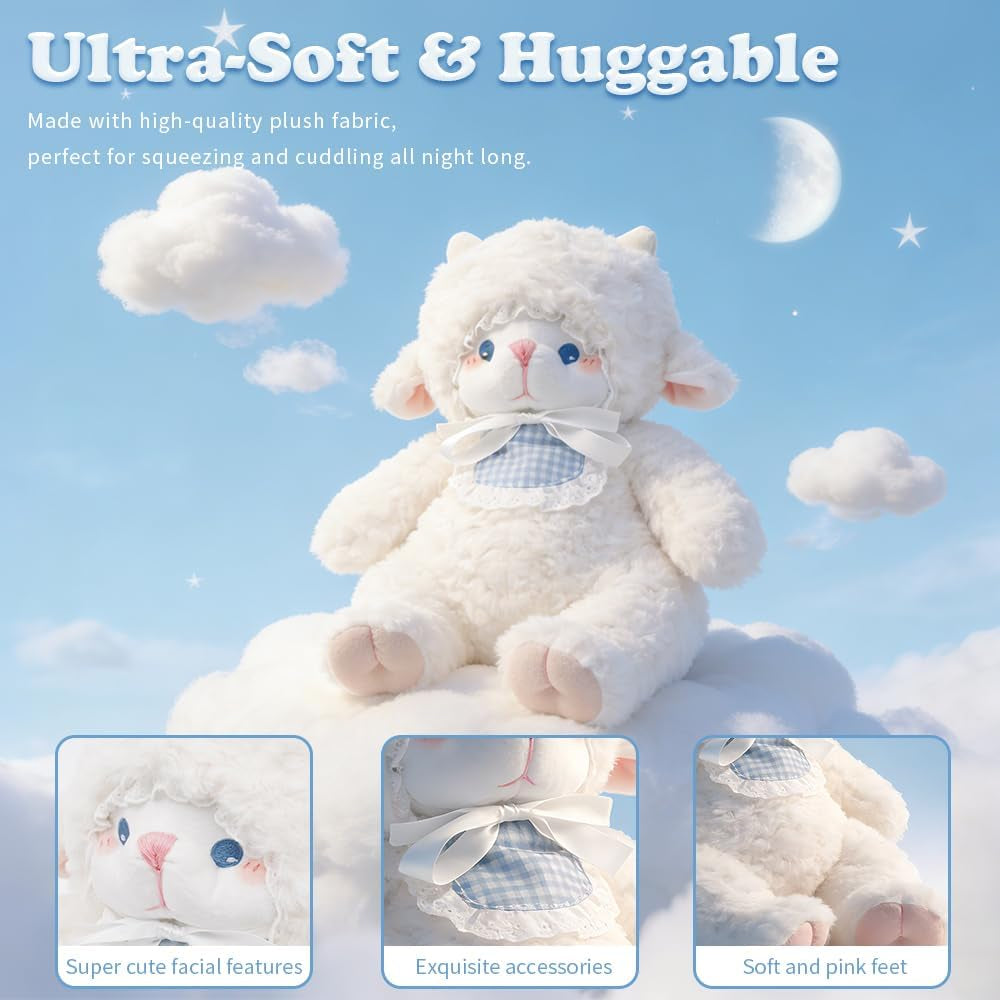 Lamb Stuffed Animals White Lamb 14.6 Inches Sheep Plush with Blue Eyes, Soft Baby Gift for Kids Girls Women Birthday.